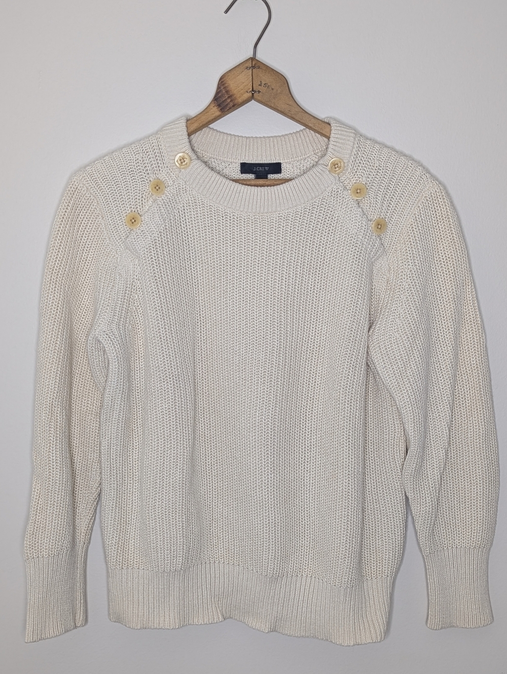 J Crew Women's Cream Cotton Sweater with Anchor Buttons Size M